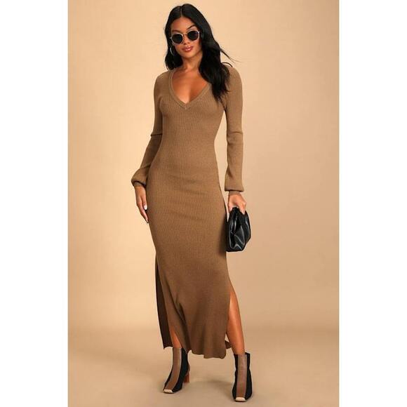 Lulus Dresses & Skirts - Lulus Fall Afternoon Tan Ribbed Knit Long Sleeve Maxi Sweater Dress Brown
